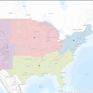 US Map, color coded by regions defined by USDA